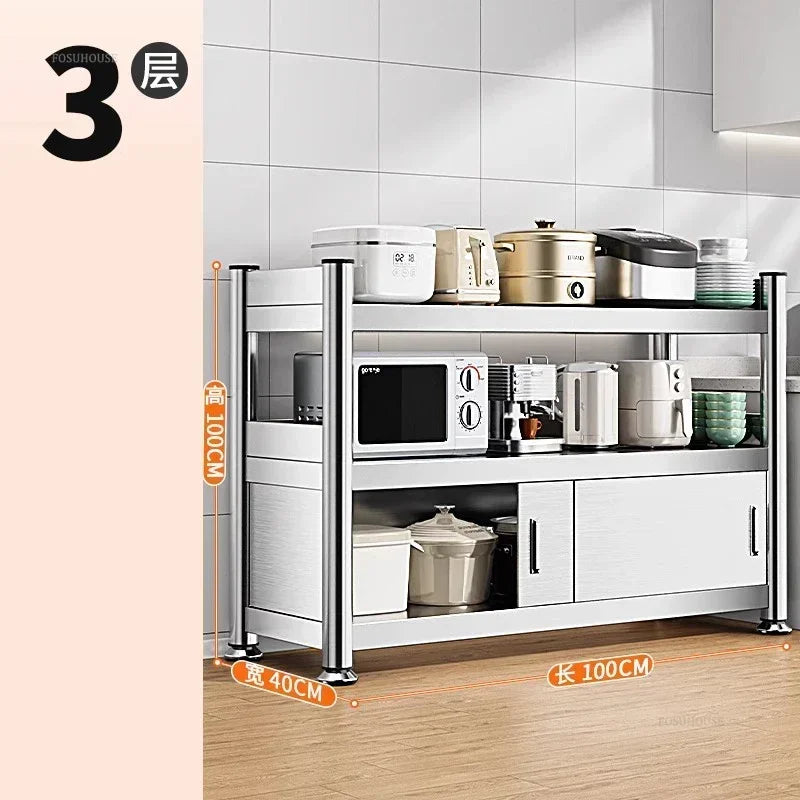 Stainless Steel Kitchen Cabinets with Door Floor Multi-layer Sliding Door Cabinet Storage Racks Multi-functional Home Furniture