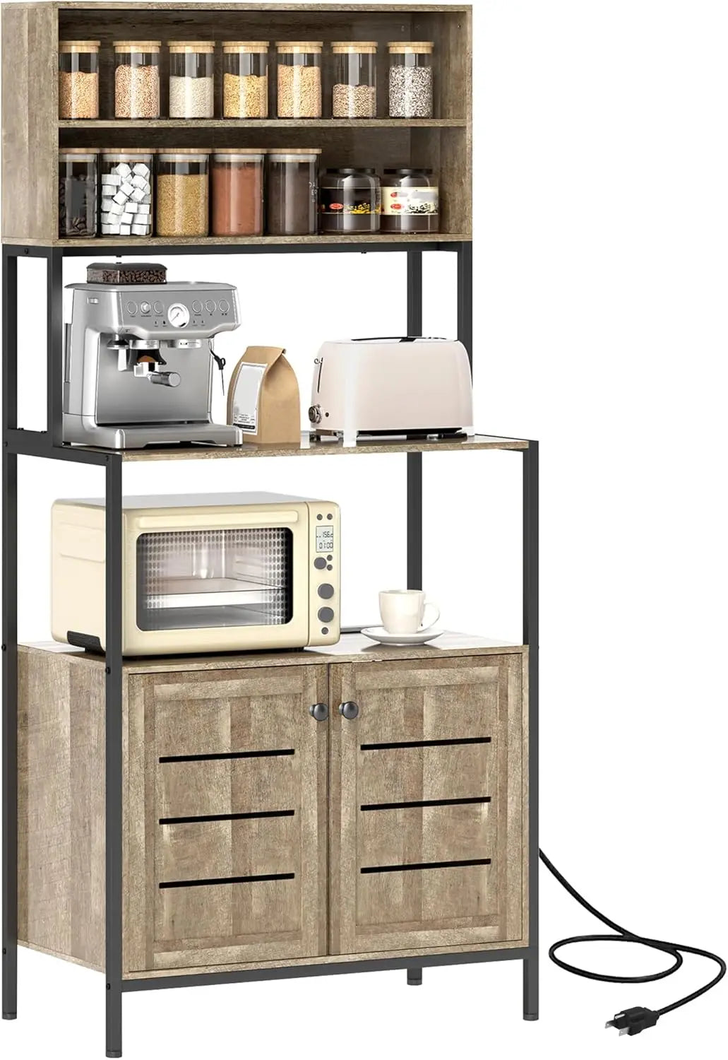 Kitchen Bakers Rack with Power Outlet, Coffee Bar Cabinet with Storage Shelves, Microwave Stand with Louvred Door Cabinets, Gra