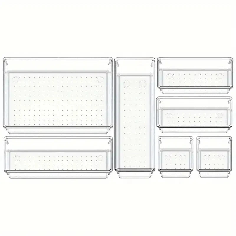 10-Piece Versatile Drawer Organizer Set - Clear Plastic Trays and Dividers in 4 Sizes for Perfect Makeup and Kitchen Storage.