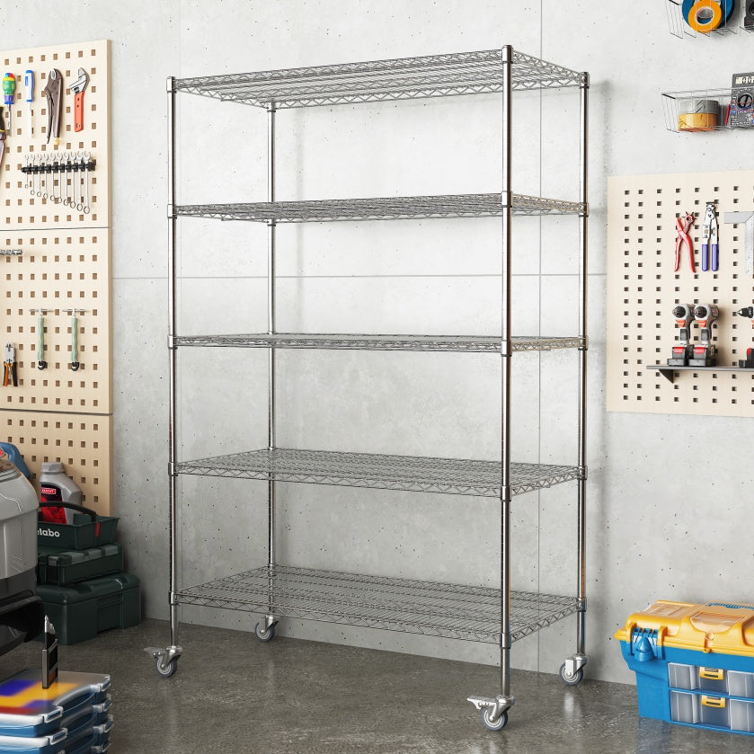 47''W X 24''D X 72''H 5 Tier Heavy Duty Adjustable Kitchen Shelving Unit, Wire Storage Shelves With Wheels, Pantry Organizer Rack Rolling Metal Shelf For Garage Closet Laundry