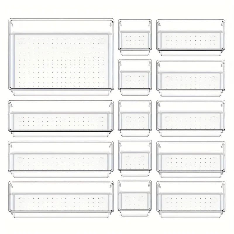 10-Piece Versatile Drawer Organizer Set - Clear Plastic Trays and Dividers in 4 Sizes for Perfect Makeup and Kitchen Storage.