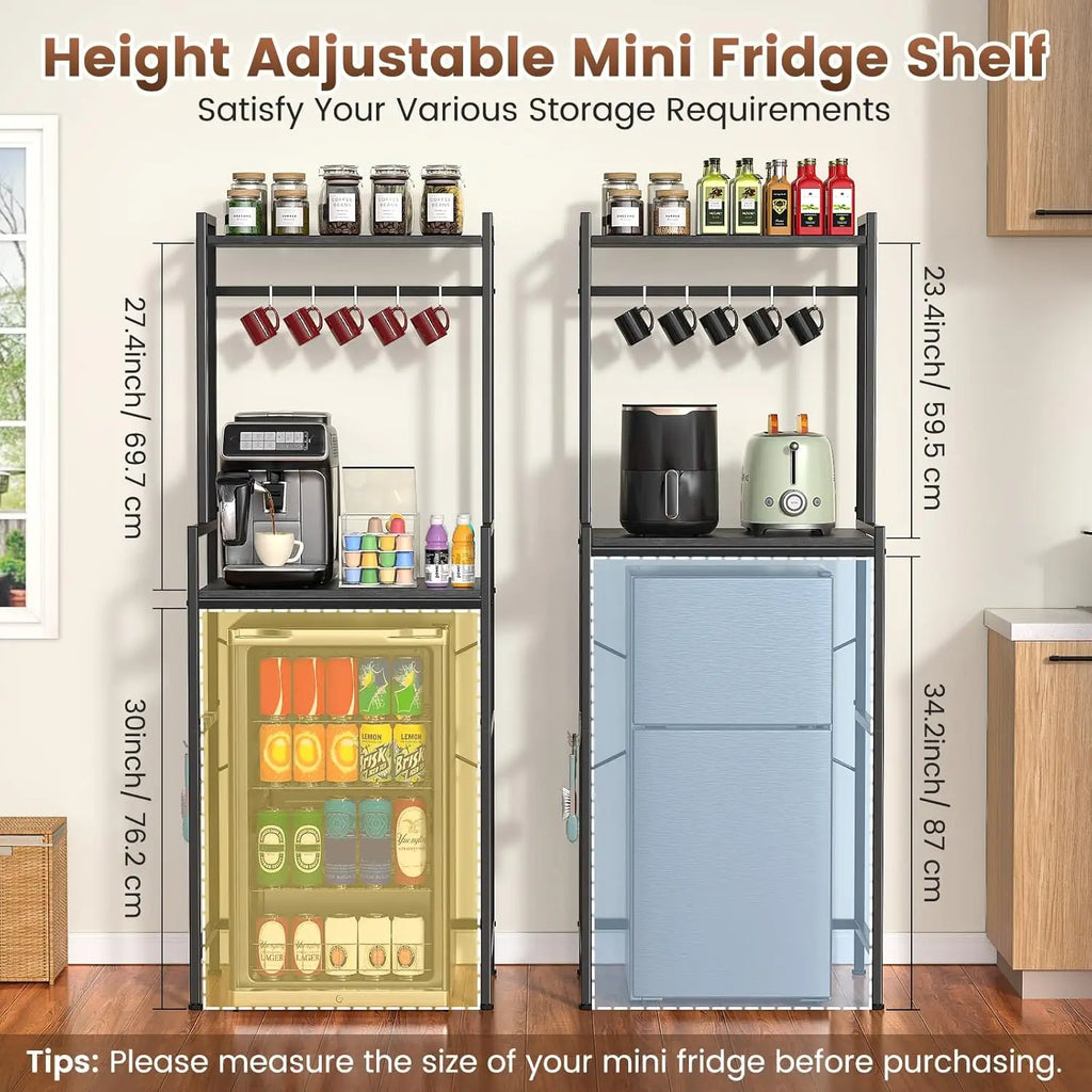 Mini Fridge Stand with Storage, 2-Tier Kitchen Microwave Stand with Storage Mini Fridge Shelf Height Adjustable Bakers Rack