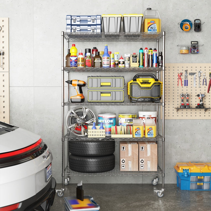 47''W X 24''D X 72''H 5 Tier Heavy Duty Adjustable Kitchen Shelving Unit, Wire Storage Shelves With Wheels, Pantry Organizer Rack Rolling Metal Shelf For Garage Closet Laundry