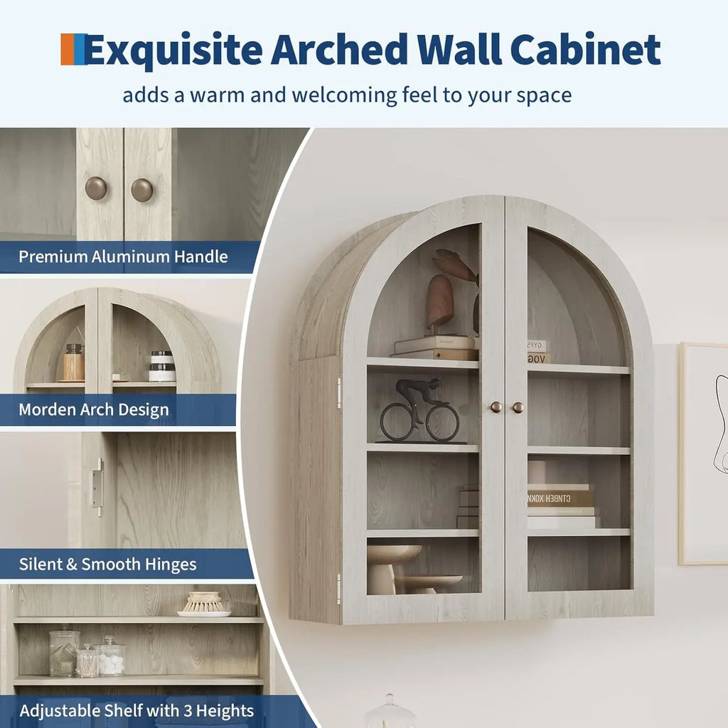 Small Wall-Mounted Cabinet, Arched Bathroom Medicine Cabinet with Glass Doors & Adjustable Shelves, Wood Kitchen Organizer