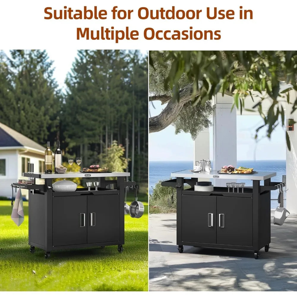 Portable Outdoor Metal Kitchen Island with Storage and Stainless Steel Prep Table on Wheels