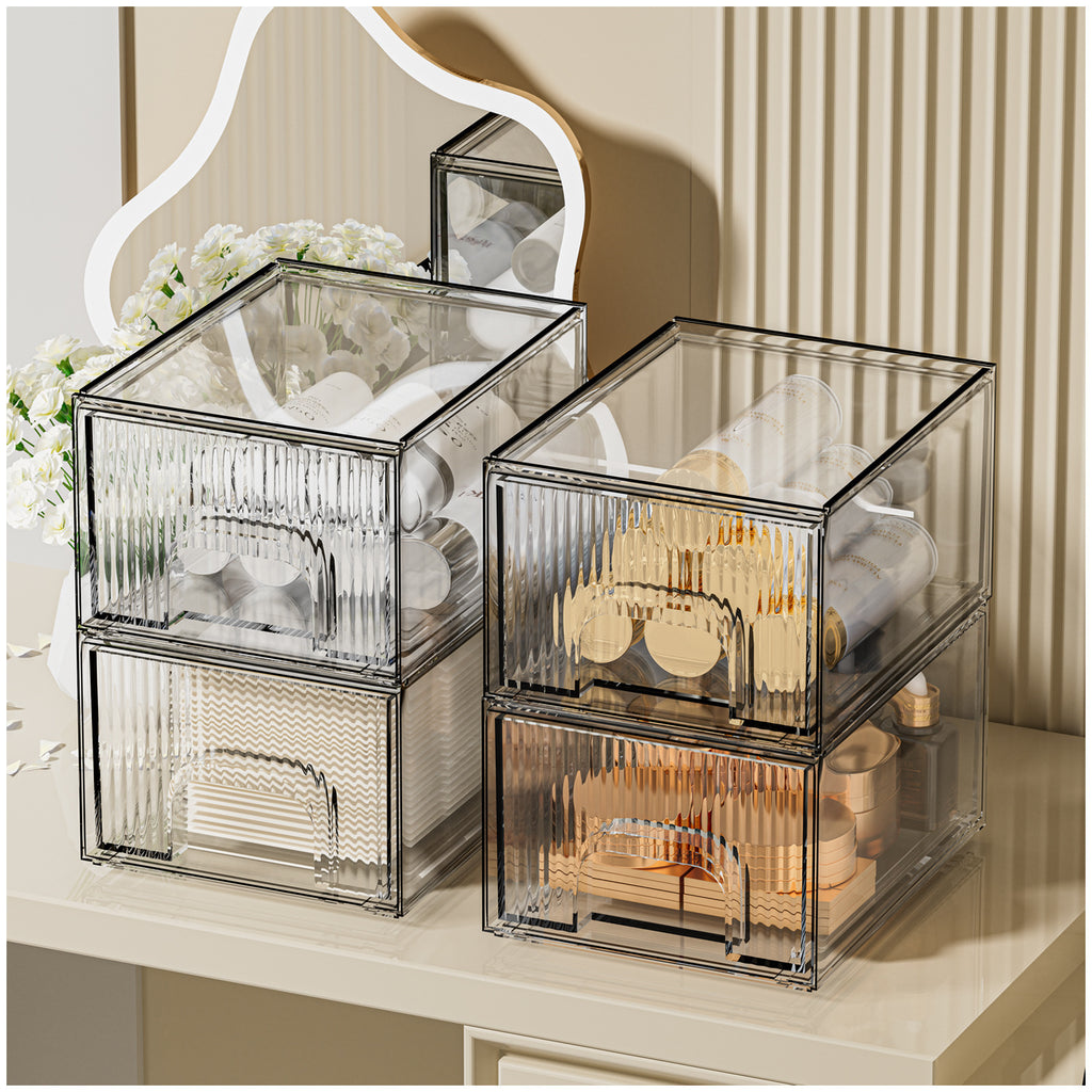 1, 2, 3, 4 Pack Clear Stackable Acrylic Drawers Cosmetic & Home Storage Organizer For Dresser, Vanity, Kitchen Cabinet, Pantry, Under Sink  Plastic Drawers For Makeup, Office Supplies & Small Items.