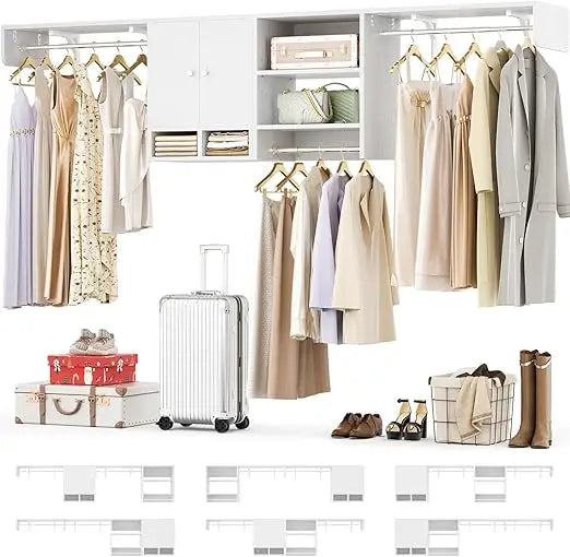 Multi-Purpose Closet System with 3 Hanging Rods, 5-10Ft Closet Organizer with Cabinet and Open Storage, Wood Closet Orga