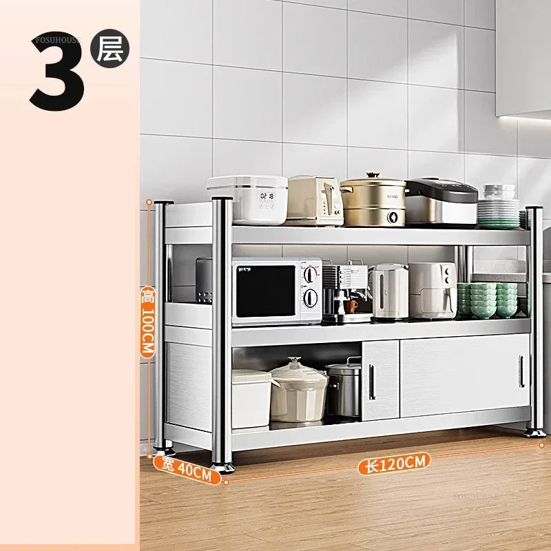 Stainless Steel Kitchen Cabinets with Door Floor Multi-layer Sliding Door Cabinet Storage Racks Multi-functional Home Furniture