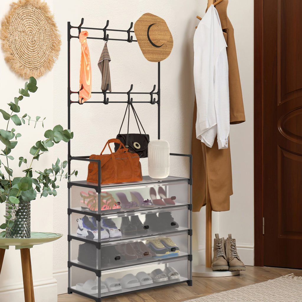 1Pc 5Tier Dustproof Entryway Hall Tree Coat Rack Shoe Rack With 8 Removable Hooks Freestanding Shoe Storage Shelf Hat Clothes Organizer For Front Door Bedroom Entryway