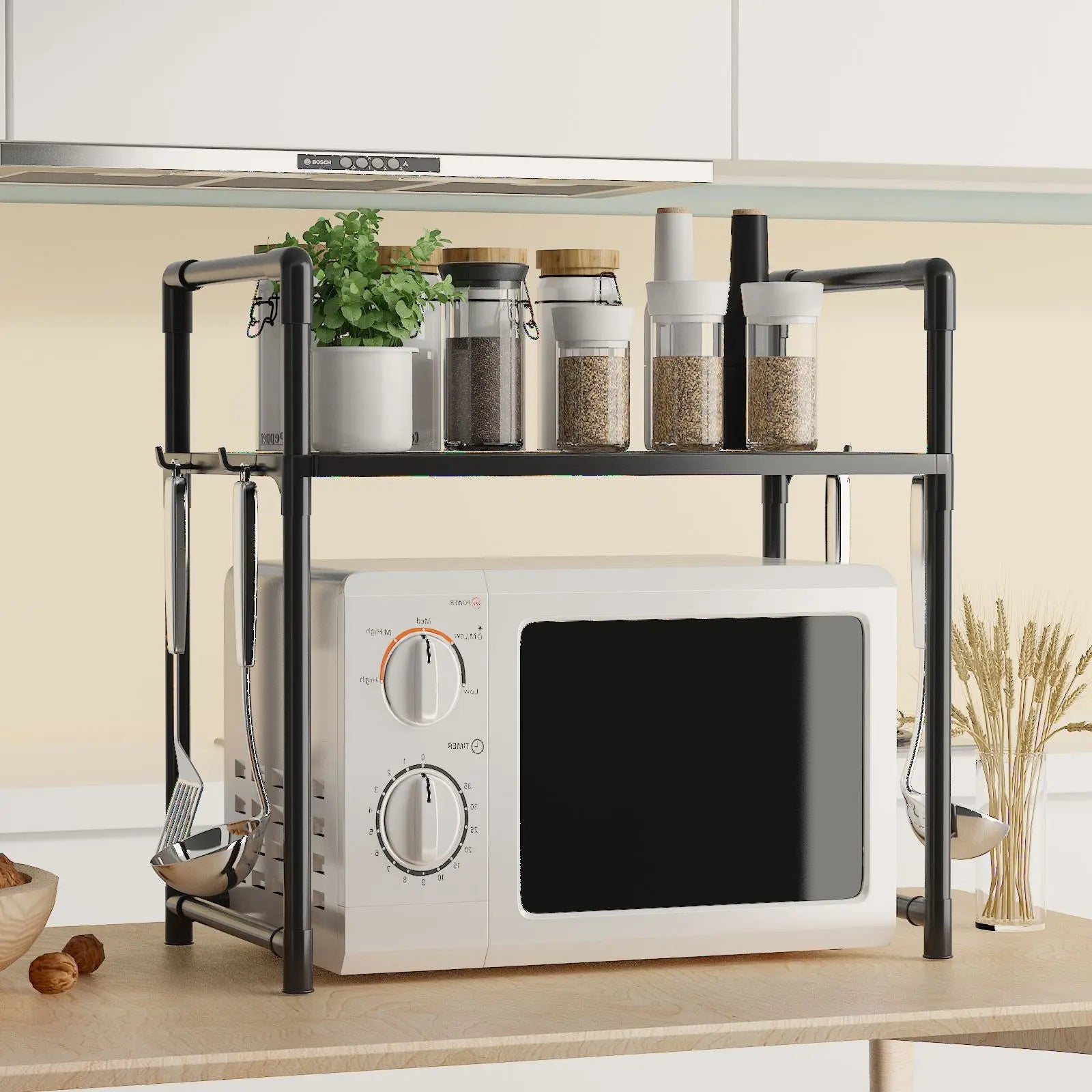 Extra Wide Microwave Stand - 2-Tier Heavy-Duty Kitchen Shelf for Oven Toaster & Spice Racks with Handrail Hooks Non-Slip