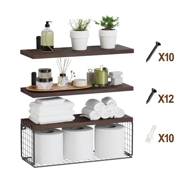 2 In 1 Floating Shelves Wall Mounted With Storage Basket Bathroom Shelves Over Toilet Wooden Shelves For Bedroom Living Room Kitchen Office Wall Decor Plants.