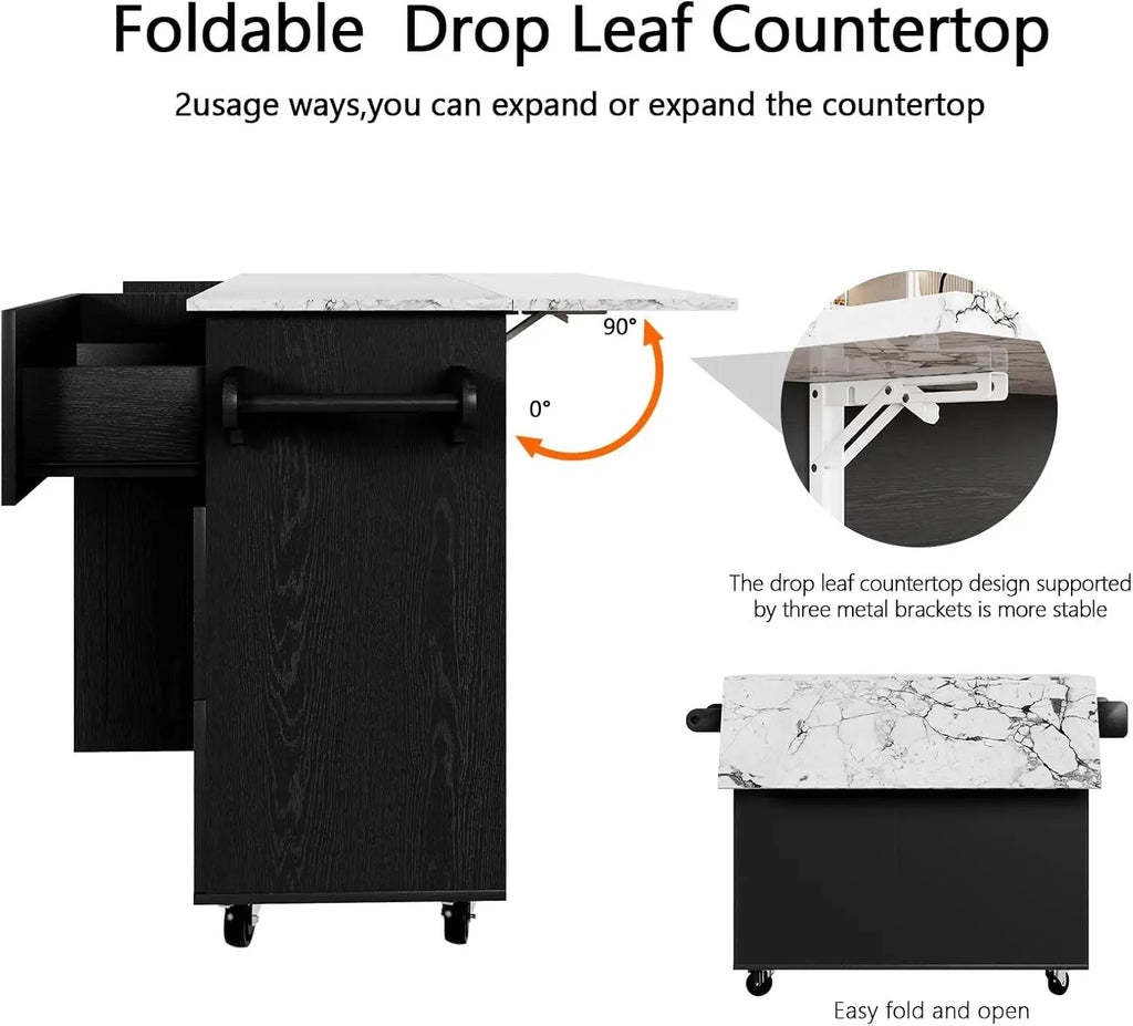 Rolling Island with Storage and Drop Leaf, Marble Tabletop, Kitchen Island on Wheels with Towel Rack & Spice Rack, Portable Isl