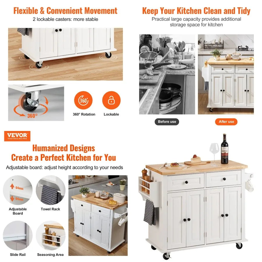 VEVOR Kitchen Island Cart with Solid Wood Top 35.4" Width Mobile Carts with Storage Cabinet Rolling Kitchen Table with Spi Rack