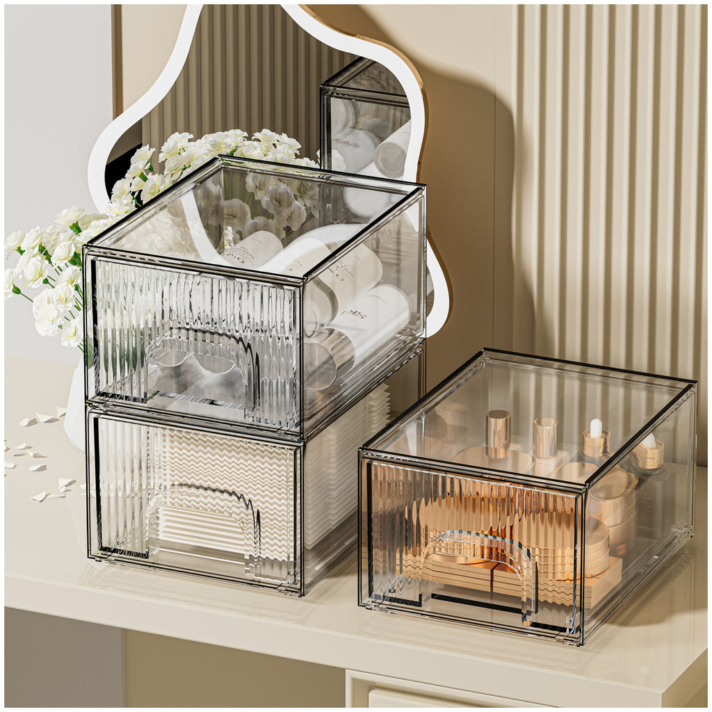 1, 2, 3, 4 Pack Clear Stackable Acrylic Drawers Cosmetic & Home Storage Organizer For Dresser, Vanity, Kitchen Cabinet, Pantry, Under Sink  Plastic Drawers For Makeup, Office Supplies & Small Items.
