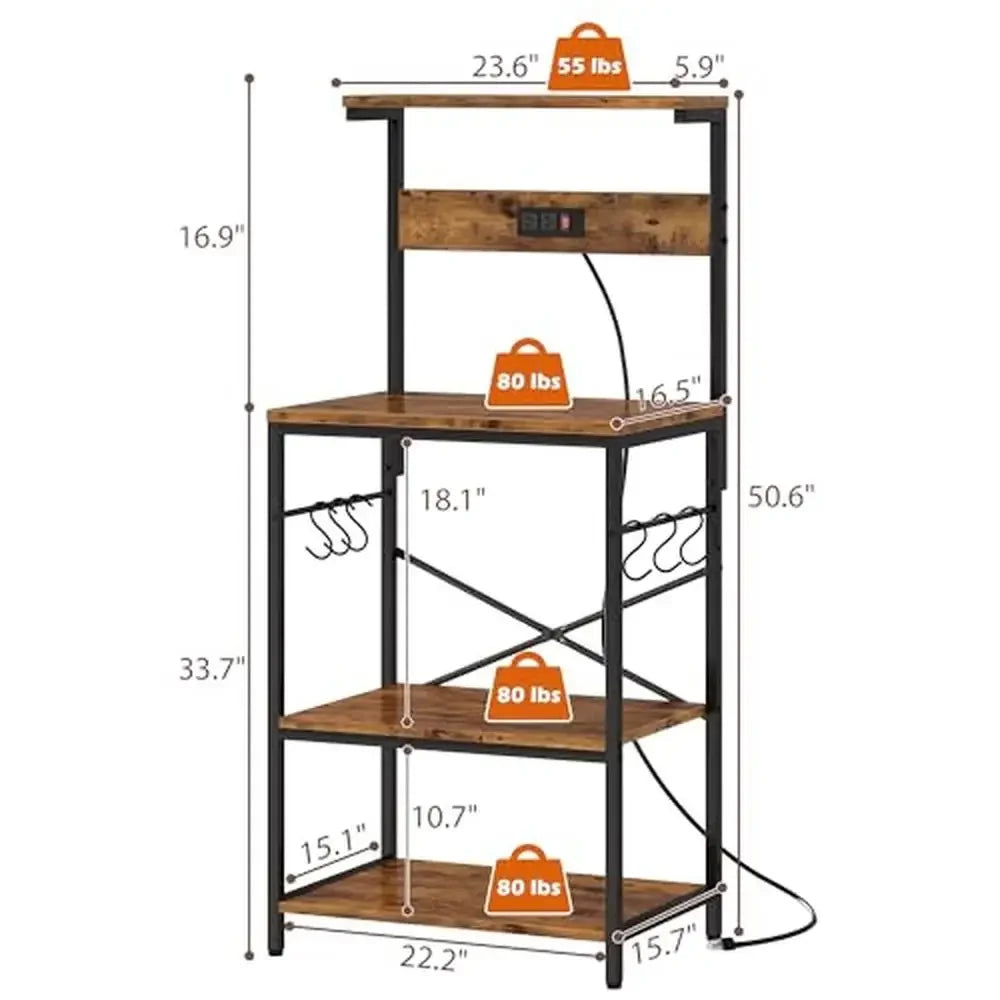 4-Tier Kitchen Bakers Rack with Power Outlets and S-Shaped Hooks Storage Stand