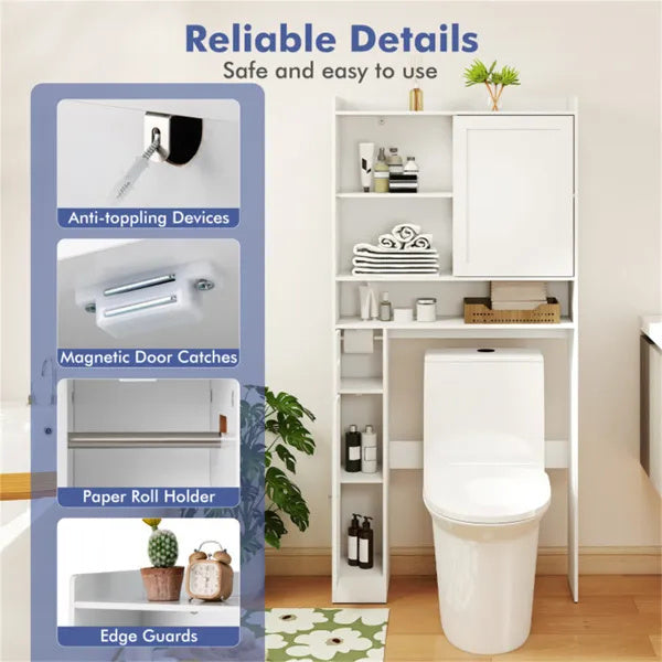 Over-The-Toilet Storage Cabinet  White- 1 Top Shelf  2 Enclosed Cabinets  Toilet Paper Holder,