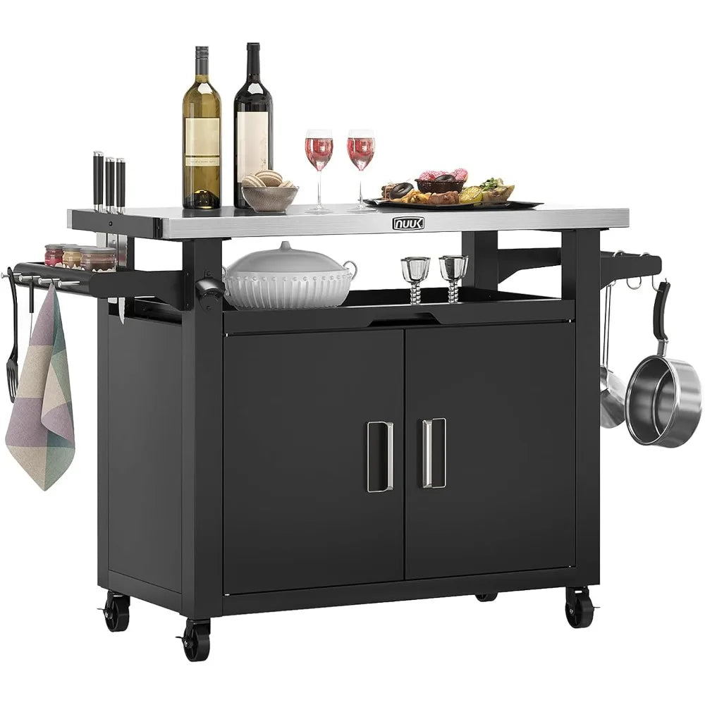 Portable Outdoor Metal Kitchen Island with Storage and Stainless Steel Prep Table on Wheels