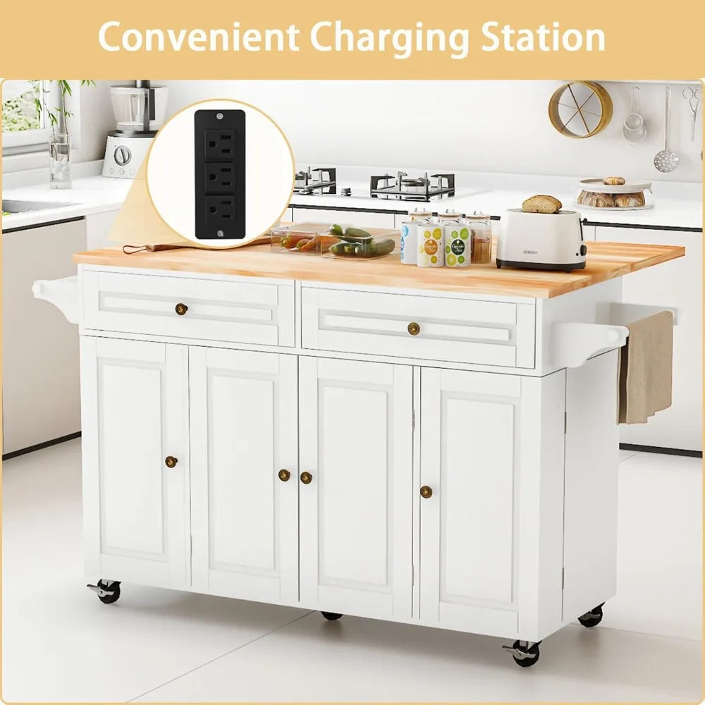 Kitchen Island Cart with Storage on Wheels, 59" Large Rolling Kitchen Island with Drop Leaf, Mobile Island for Kitchen with Towe