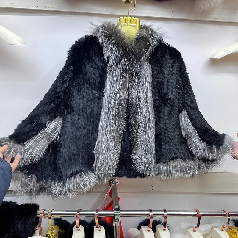 2025 New Natural Rabbit Fur Bat Shirt Coats Knitted Women Real Fox Fur Collar Jackets Luxury Woman Clothing Outwear