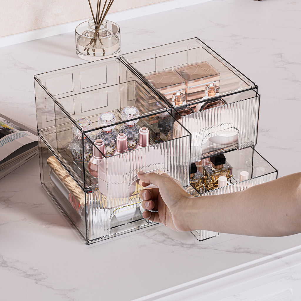 1, 2, 3, 4 Pack Clear Stackable Acrylic Drawers Cosmetic & Home Storage Organizer For Dresser, Vanity, Kitchen Cabinet, Pantry, Under Sink  Plastic Drawers For Makeup, Office Supplies & Small Items.