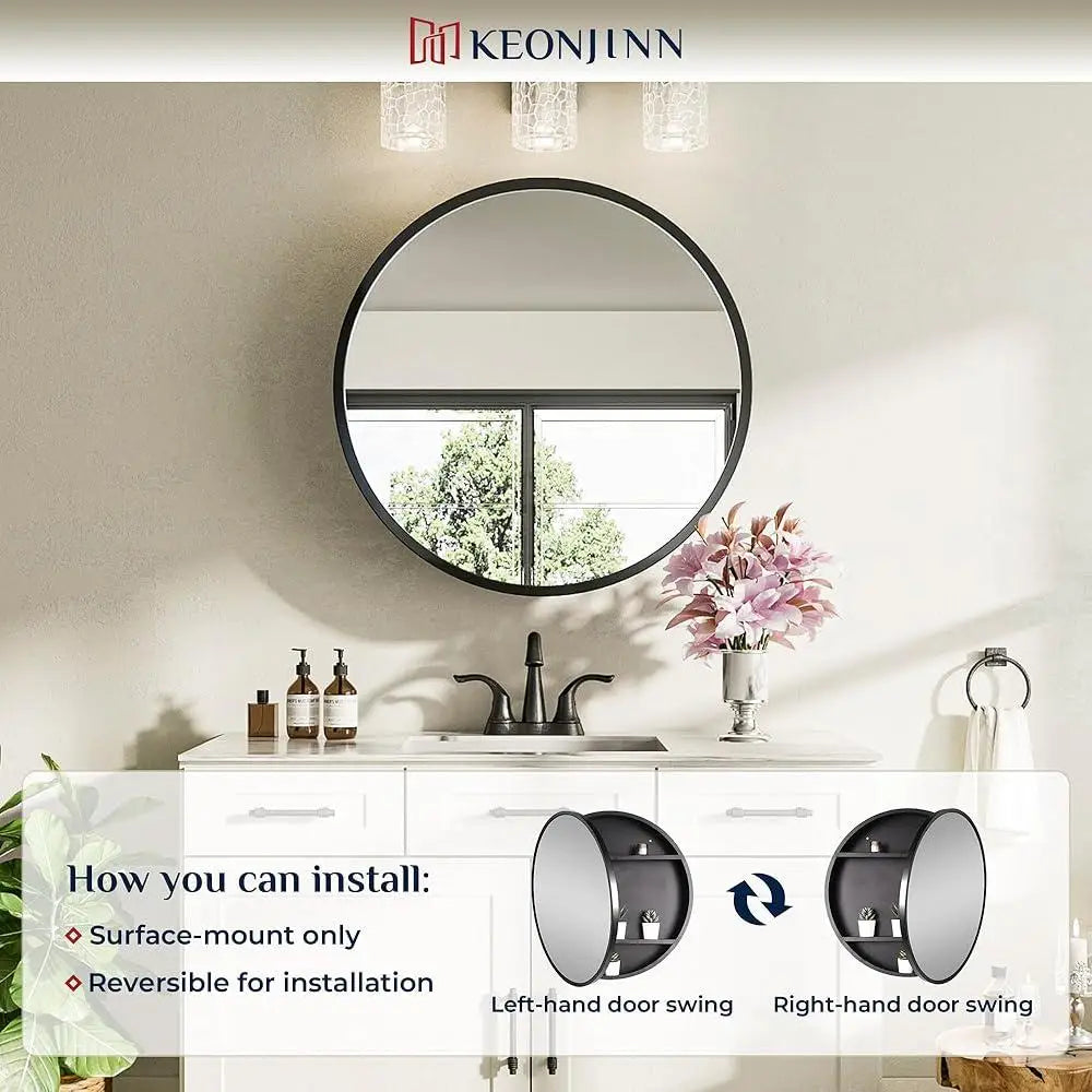 Round Black Medicine Cabinet with Mirror Surface Mount Metal Frame Adjustable Shelves Wall Storage Farmhouse Bathroom Organizer