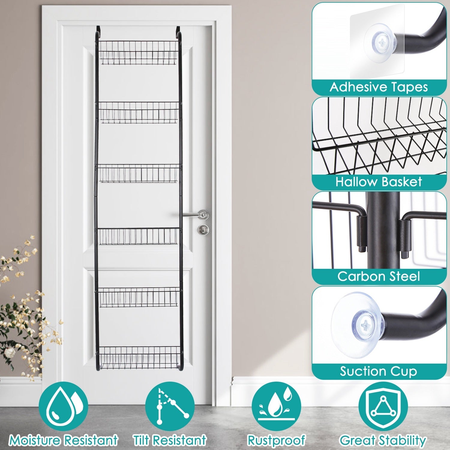 1Pc 6 Tier Over Door Pantry Organizer Hanging Hooks Door Storage Rack Carbon Steel Basket 62.99in Over Door Shelf For Kitchen Bathroom.