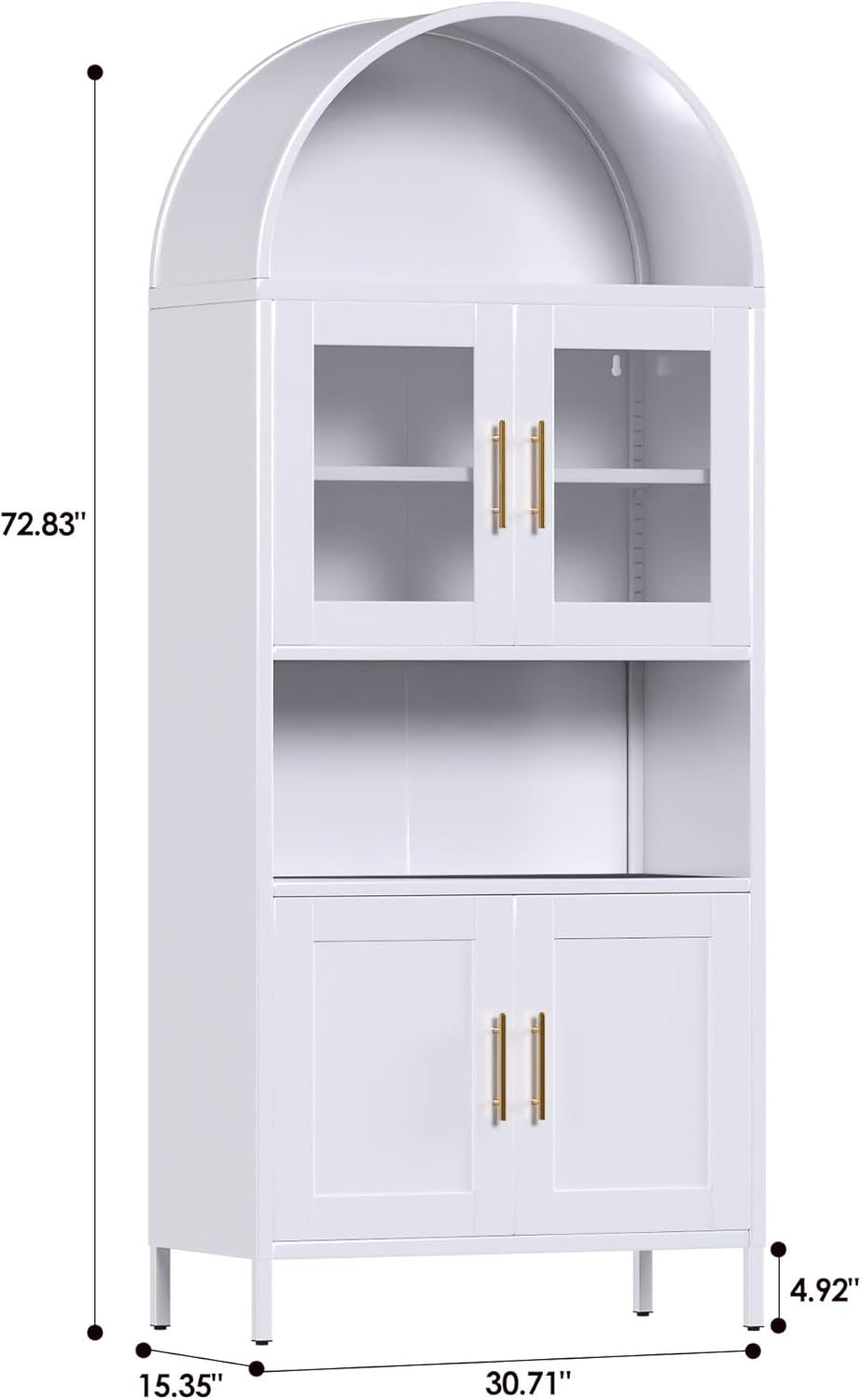 73 In Tall Metal Arched Cabinet, Kitchen Pantry Cabinet With Glass Door, Modern Farmhouse Arched Bookcase With 2 Adjustable Shelves For Living Room, White, Assembly Required.
