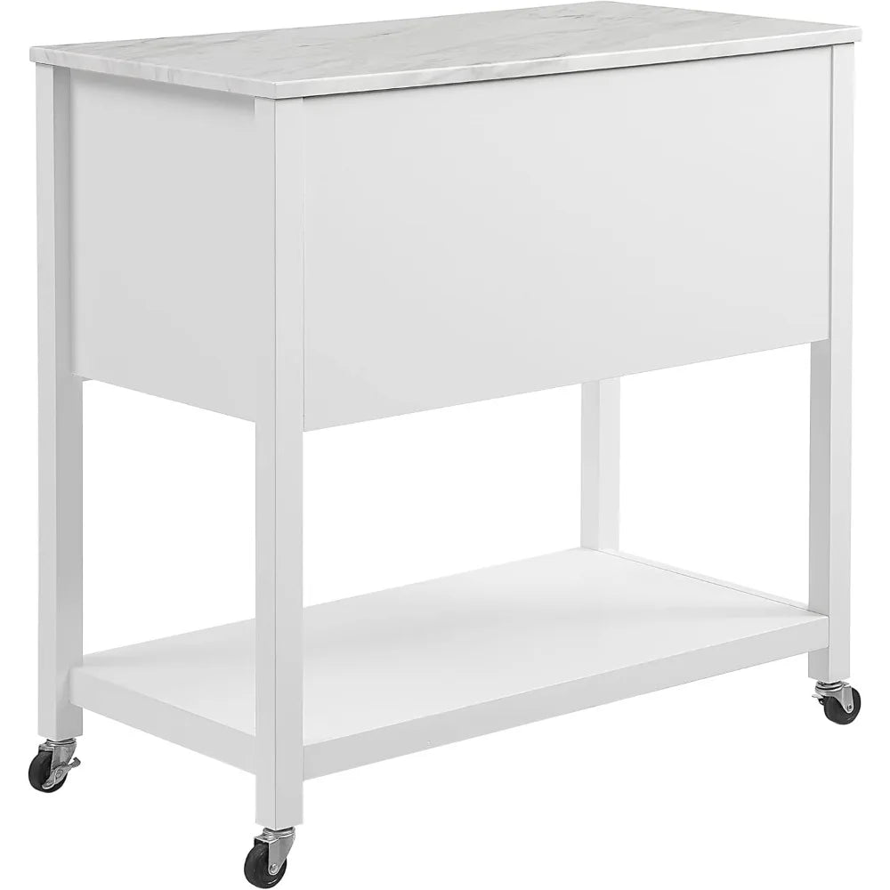 Rolling Kitchen Island Cart by Crosley Furniture, White, with Storage Drawers and Microwave Stand, Ideal for Coffee Bars