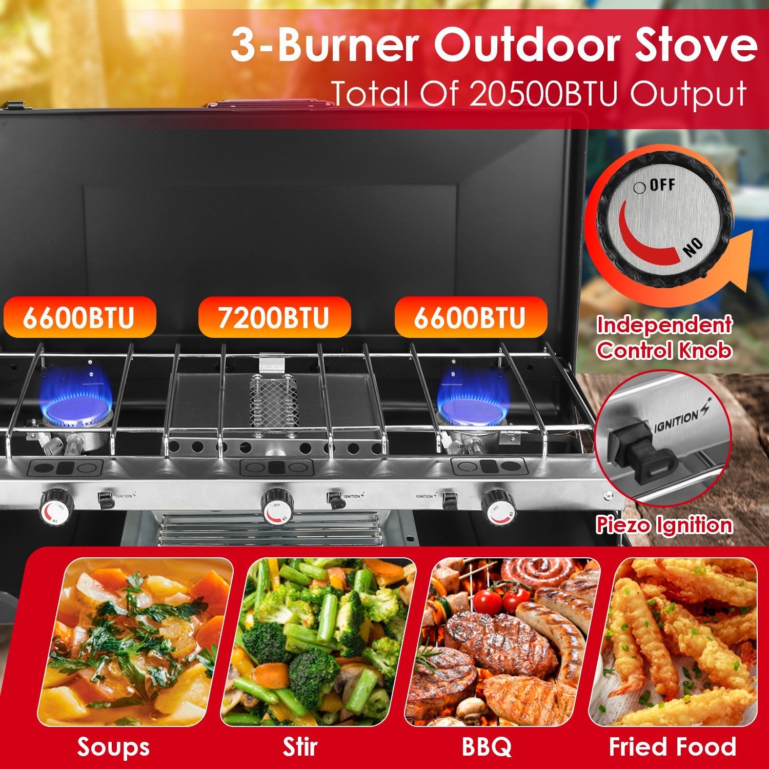 3 Burner Camping Stove 20000 BTU Portable Foldable Propane Stove With Toast Tray Windshield Portable Handle Outdoor Cooking Gas Stove For RV Camping BBQ Picnic