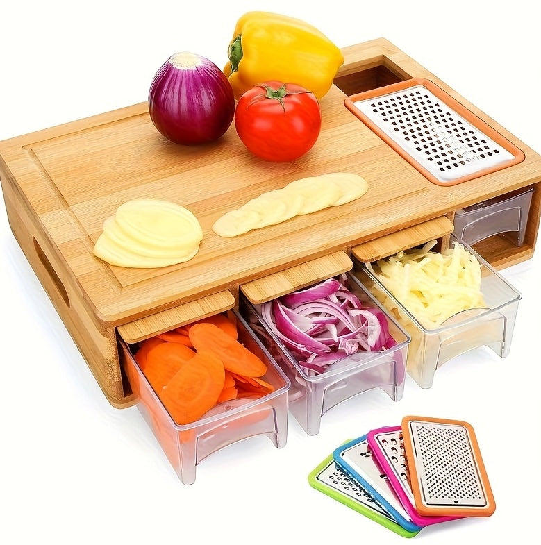 Bamboo Cutting Board With Drawer, Including 4 Vegetable Cutters, 4 Trays With Lids, Container And Vegetable Peeler Set, Cutting Board, Kitchen Bamboo Cutting Board