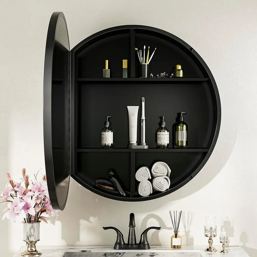 Round Black Medicine Cabinet with Mirror Surface Mount Metal Frame Adjustable Shelves Wall Storage Farmhouse Bathroom Organizer