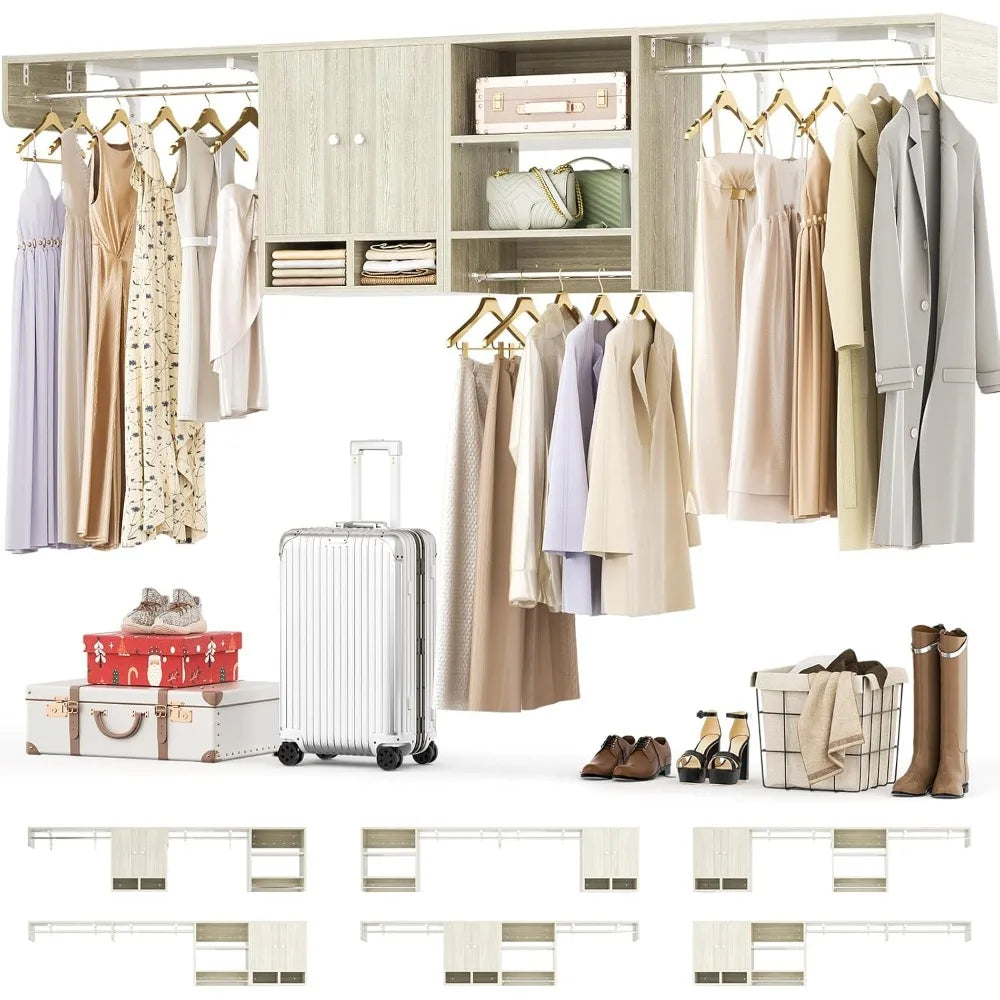 Multi-Purpose Closet System with 3 Hanging Rods, 5-10Ft Closet Organizer with Cabinet and Open Storage, Wood Closet Orga