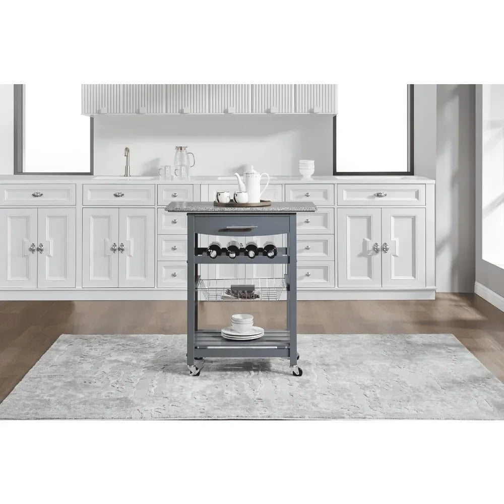 Mobile Rolling Kitchen Island Trolley – Under-Drawer & Slide-Out Wire Basket, Dining Serving Cart