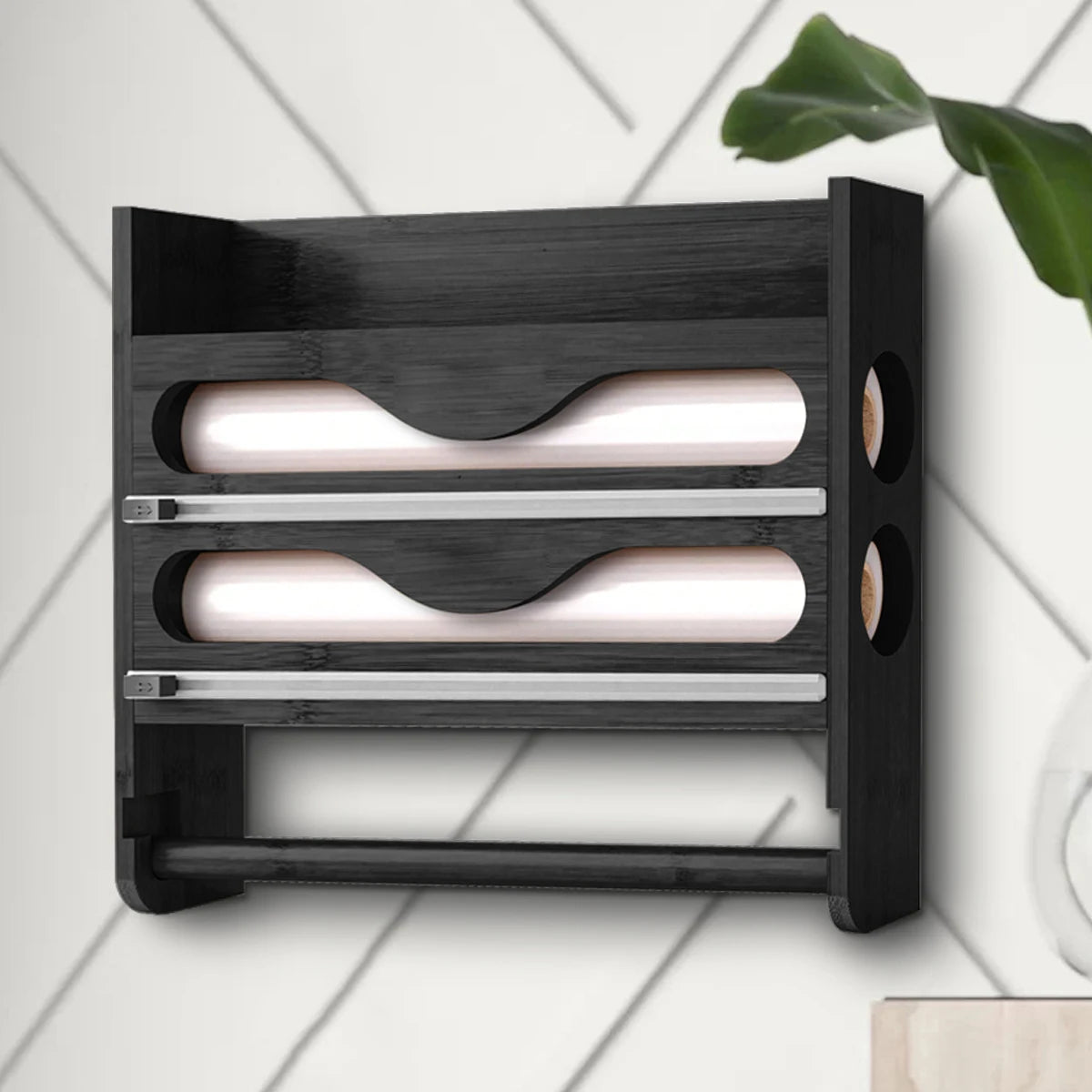 Bamboo Foil And Clingfilm Organizer With Cutter Wall Mounted Paper Towel Holder,For Home Kitchen Organization And Storage