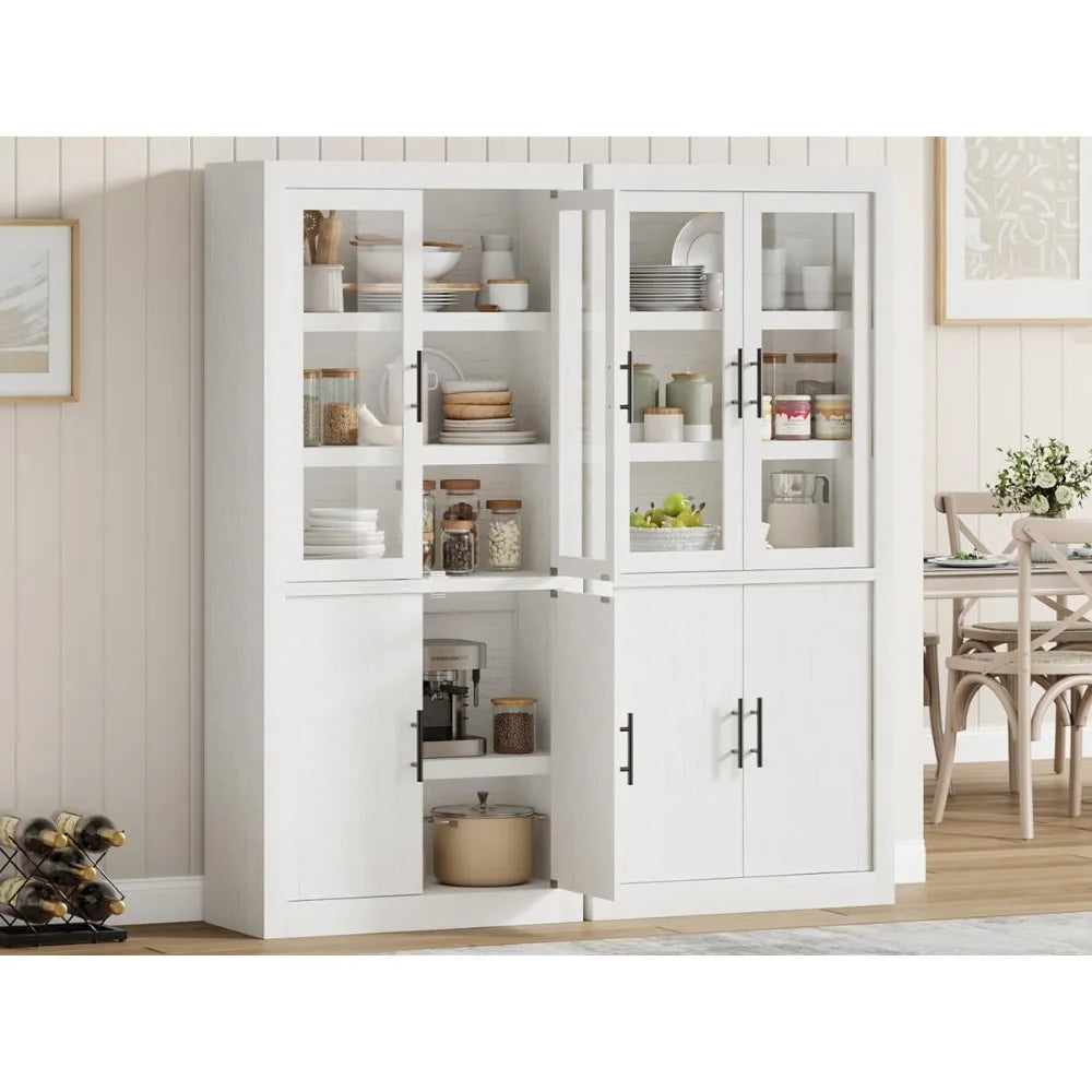 Tall Wooden Kitchen Pantry Cabinet, Farmhouse Glass Door Freestanding Food Storage Cupboard Pantry Cabinet with Adjustable Shel