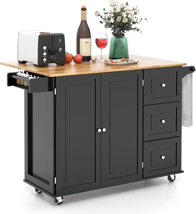 Rolling Kitchen Island with Drop Leaf, 3-Drawer Cart on Wheels, Rubberwood Top, Towel and Spice Rack