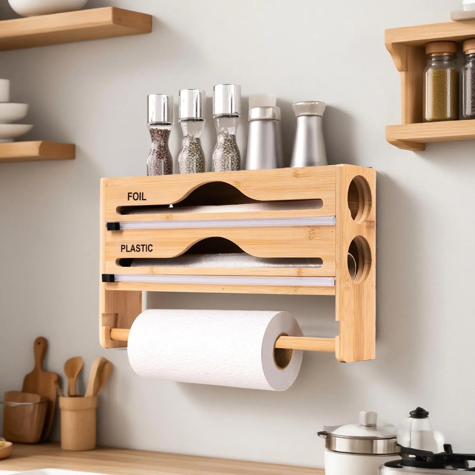 Foil Plastic Wrap Organizer Dispenser Wall Mounted Bamboo Kitchen Paper Towel Holder with Spice Shelf Kitchen Wrap Dispenser