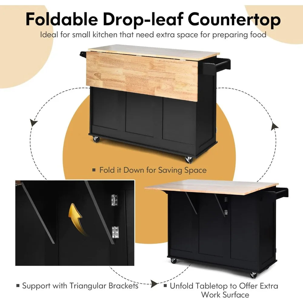 Rolling Kitchen Island with Drop Leaf, 3-Drawer Cart on Wheels, Rubberwood Top, Towel and Spice Rack