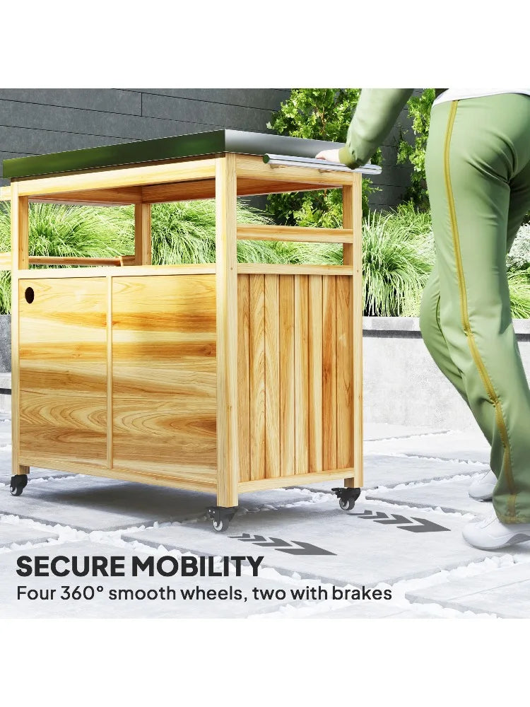 For Outsunny Outdoor Grill Cart w/ Stainless Steel Top, Solid Wood Outdoor Kitchen Island w/ Wheels, Storage Cabinets, Natural W