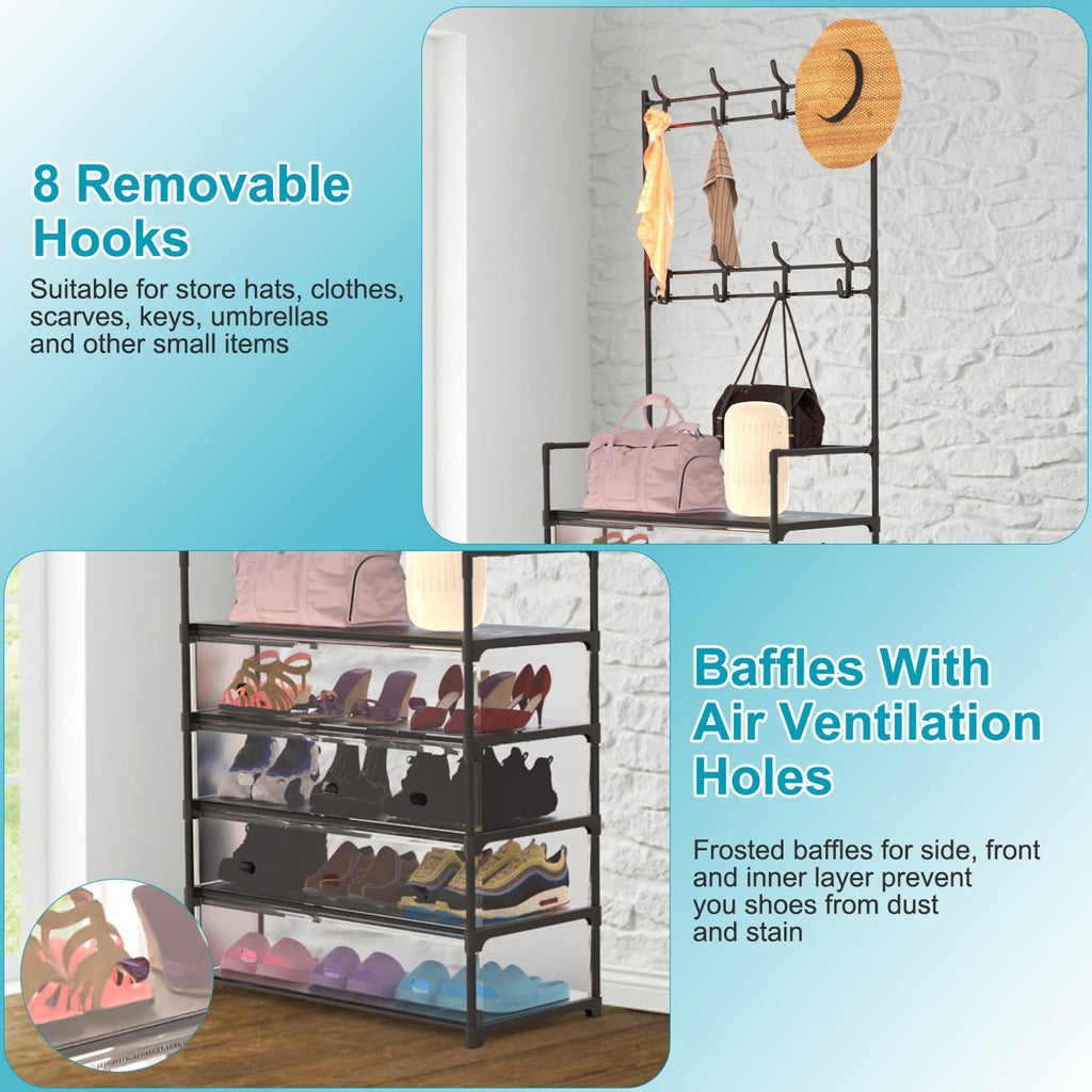 1Pc 5Tier Dustproof Entryway Hall Tree Coat Rack Shoe Rack With 8 Removable Hooks Freestanding Shoe Storage Shelf Hat Clothes Organizer For Front Door Bedroom Entryway