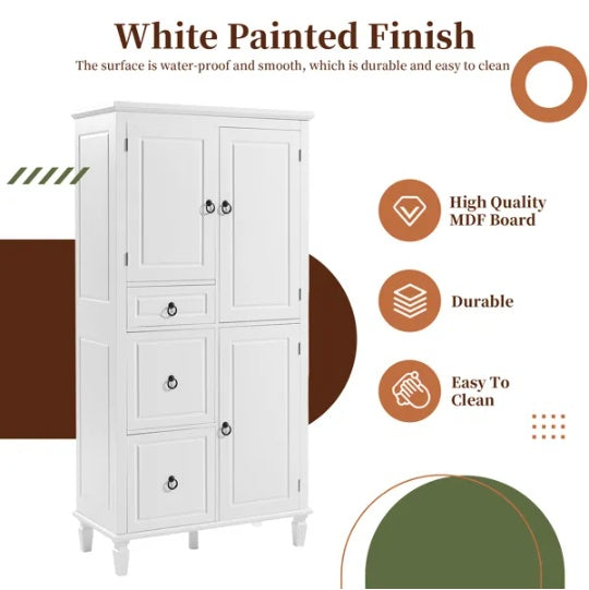 Retro Multi-Functional Storage Cabinet With Adjustable Shelves, 3 Drawers, And 3 Enclosed Compartments   Stylish And Versatile Organizer For Living Room, Kitchen, Or Office, White.