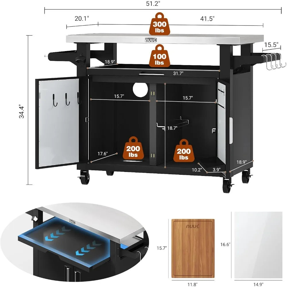 Portable Outdoor Metal Kitchen Island with Storage and Stainless Steel Prep Table on Wheels