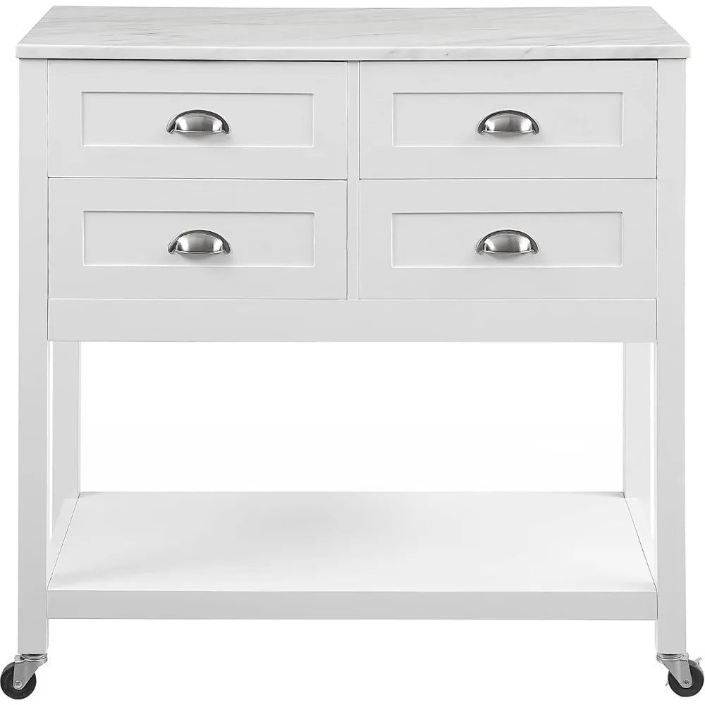 Rolling Kitchen Island Cart by Crosley Furniture, White, with Storage Drawers and Microwave Stand, Ideal for Coffee Bars