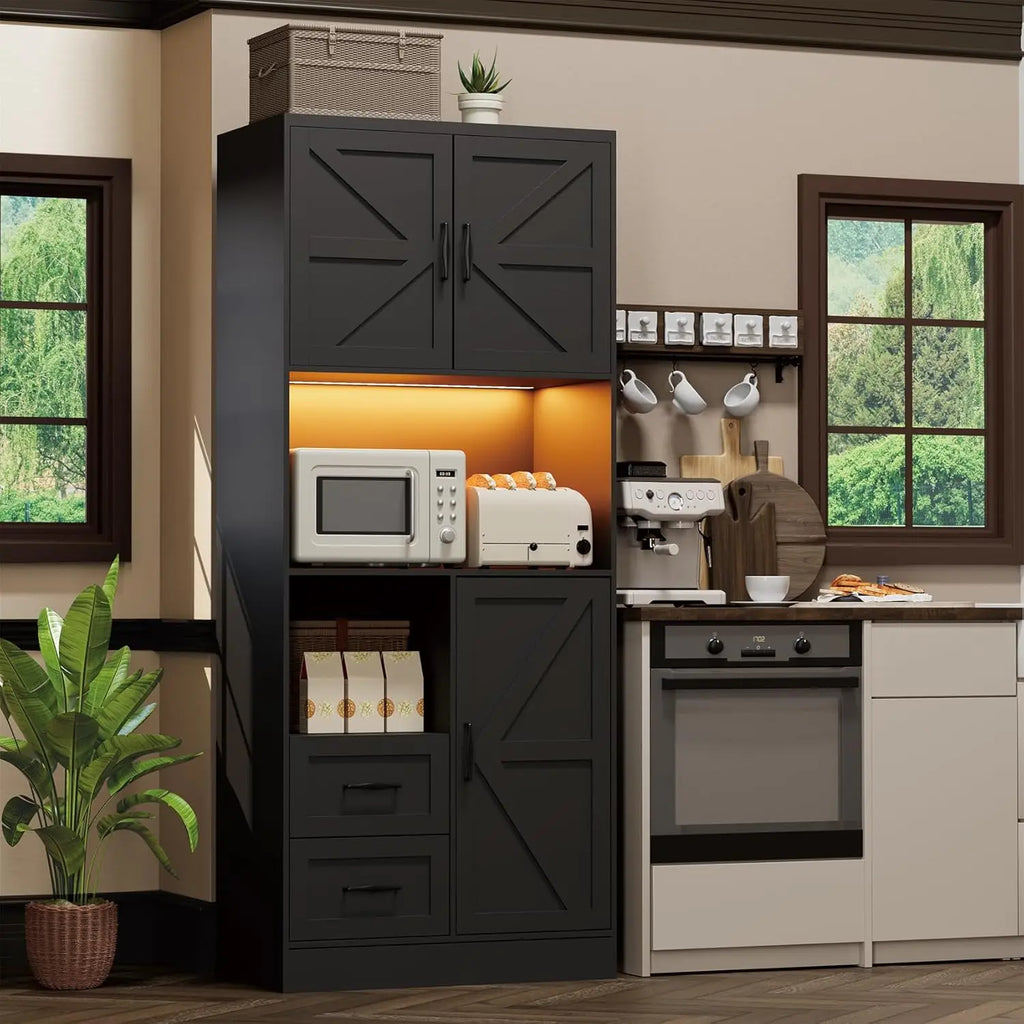 Kitchen Pantry Storage Cabinet Tall Farmhouse Kitchen Pantry with Barn Doors and Drawers, Adjustable Shelves for Dining Living R