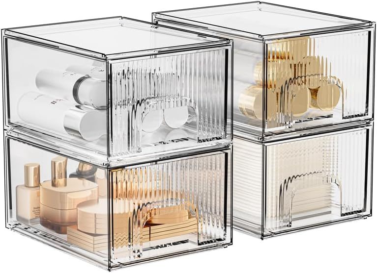 1, 2, 3, 4 Pack Clear Stackable Acrylic Drawers Cosmetic & Home Storage Organizer For Dresser, Vanity, Kitchen Cabinet, Pantry, Under Sink  Plastic Drawers For Makeup, Office Supplies & Small Items.