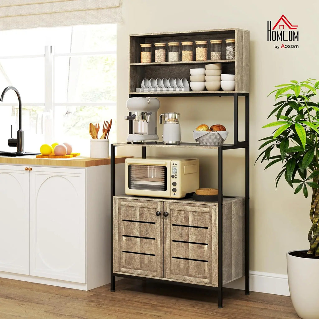 Kitchen Bakers Rack with Power Outlet, Coffee Bar Cabinet with Storage Shelves, Microwave Stand with Louvred Door Cabinets, Gra