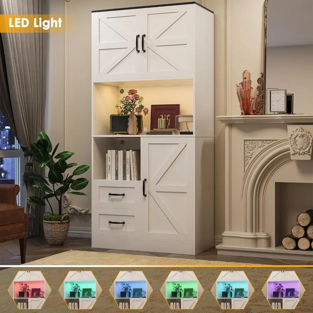 Kitchen Pantry Storage Cabinet Tall Farmhouse Kitchen Pantry with Barn Doors and Drawers, Adjustable Shelves for Dining Living R