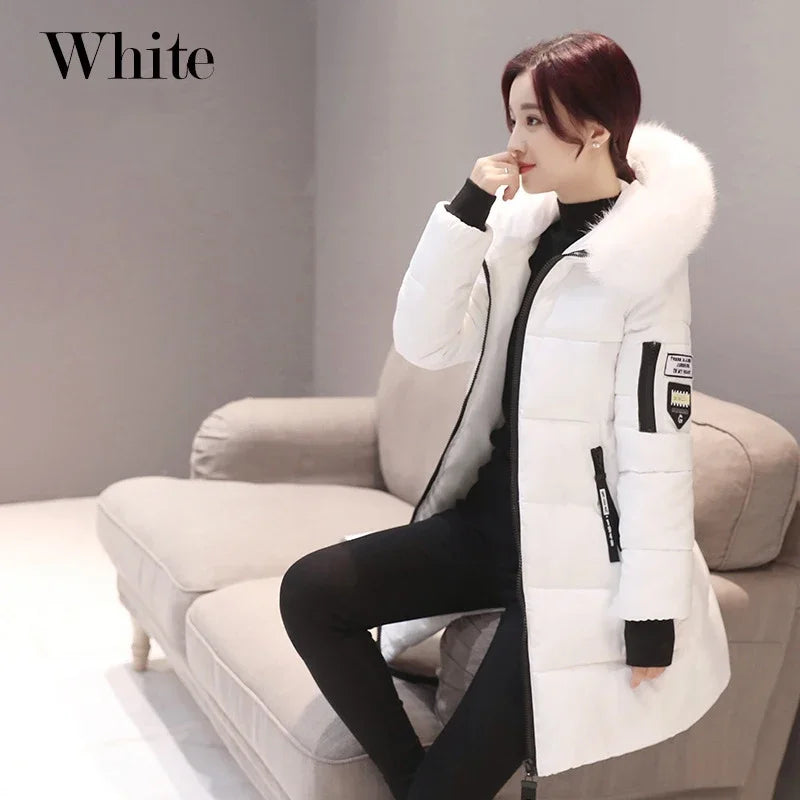 2025 Winter Women Parka Coats Long Cotton Casual Fur Hooded Jackets Thick Warm Slim-fit Jacket Female Overcoat Clothing