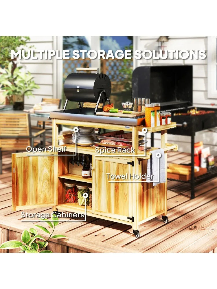 For Outsunny Outdoor Grill Cart w/ Stainless Steel Top, Solid Wood Outdoor Kitchen Island w/ Wheels, Storage Cabinets, Natural W