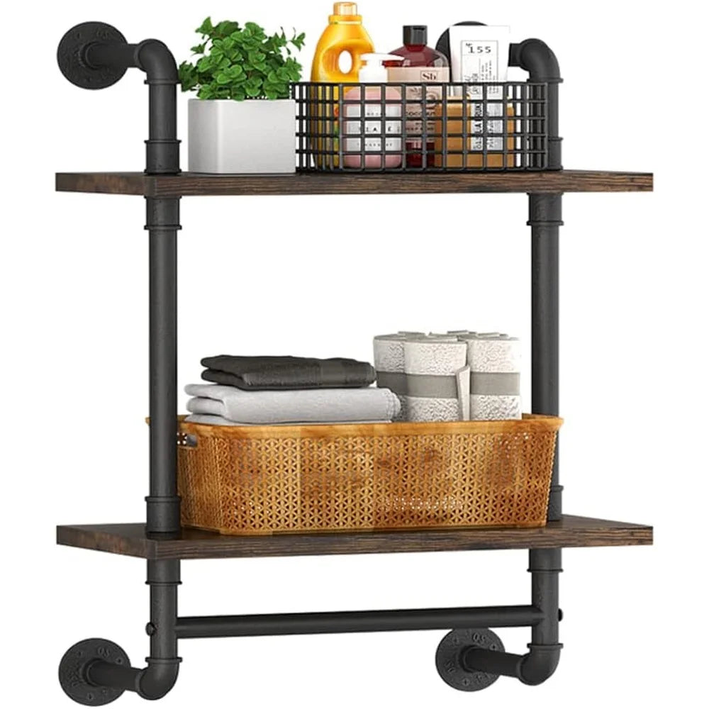 Industrial Floating Bathroom Shelves Wall Mounted Rustic Wood 2 Tier Towel Bar Metal Storage Organizer Kitchen Garage Farmhouse